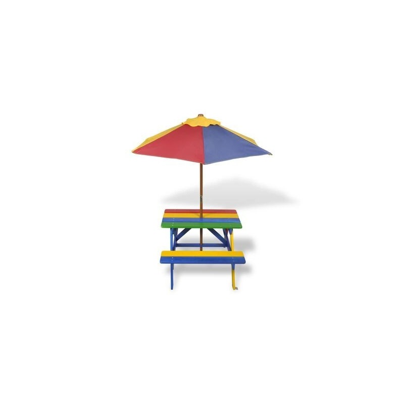 Tavolo e panchine per bambini con parasole Legno multicolore Tavolo e panchine per bambini con parasole Legno multicolore